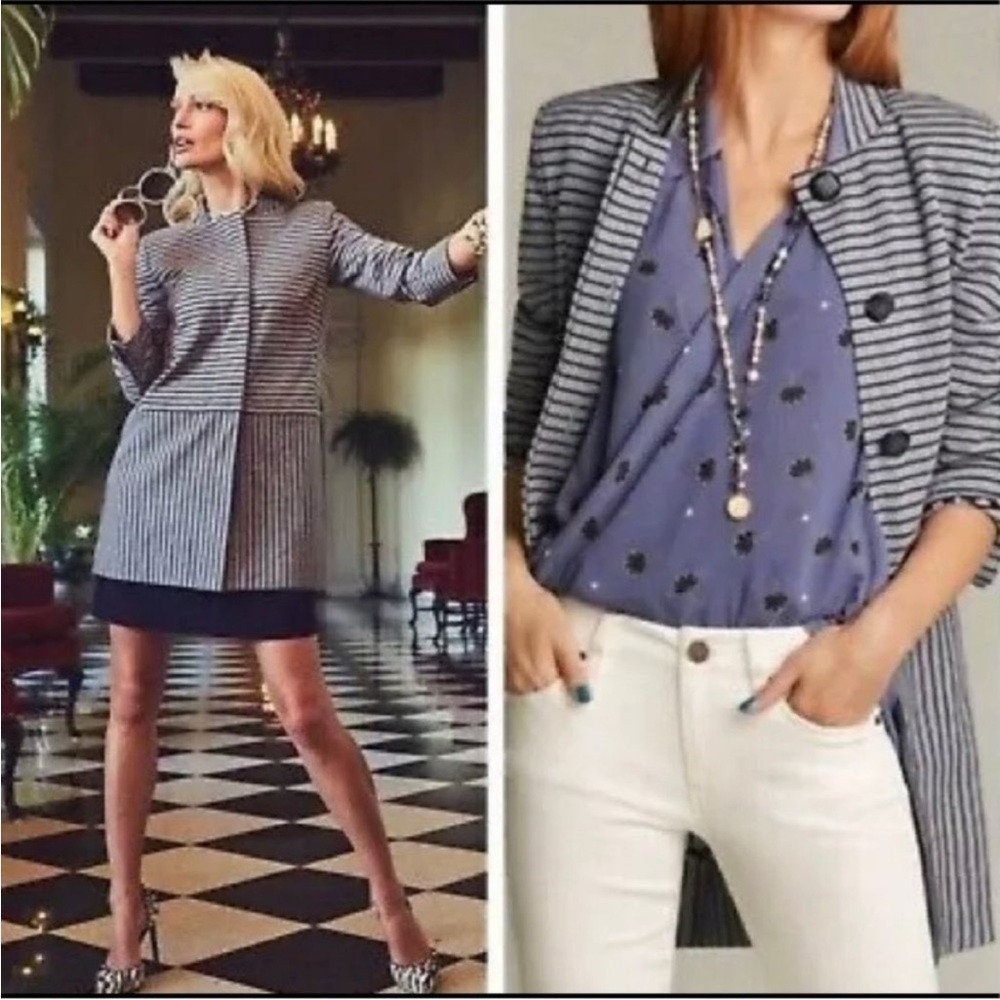 Cabi Striped Car Coat Blue Long Button Up Jacket Blazer Small